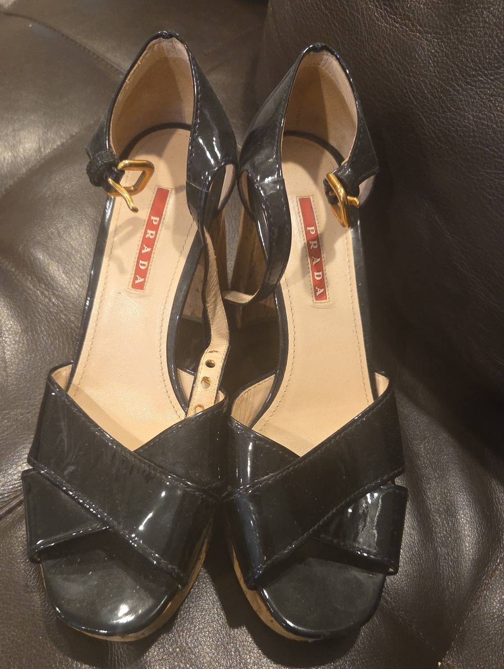 Prada Sport / Linea Rossa Black Patent Leather Platform Sandals